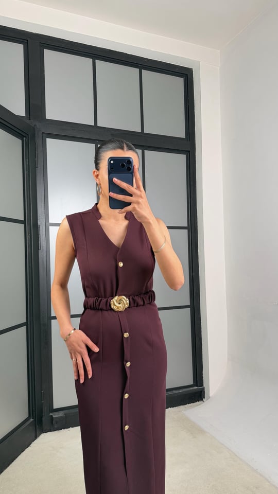 Mürdüm Kuşaklı Gold Düğme Detaylı Premium Elbise GAUS-01448