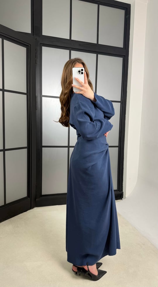 Indigo Mavi Drape Detaylı Etek Bluz Tencel Takım GAUS-01176