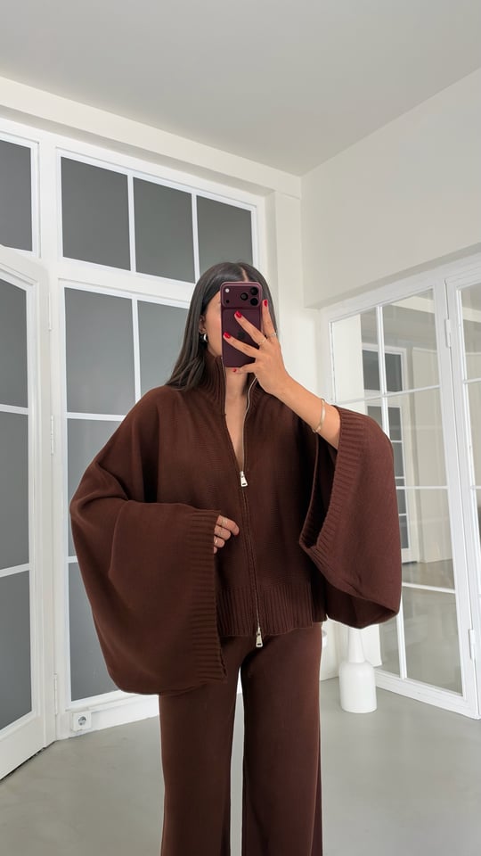 Acı Kahve Yarasa Kol Hırka Beli Lastikli Pantolon İkili Triko Takım GAUS-02238