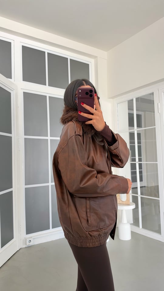 Kahve Astarlı Kürk Yakalı Deri Ceket GAUS-02137