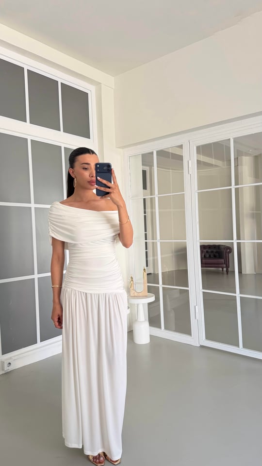 Ekru Drapeli Sandy Kumaş Elbise GAUS-01674