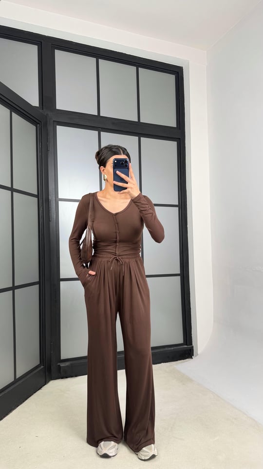 Kahve Düğmeli Bluz Beli Lastikli Eşofman Kaşmir Dokulu Takım GAUS-01333