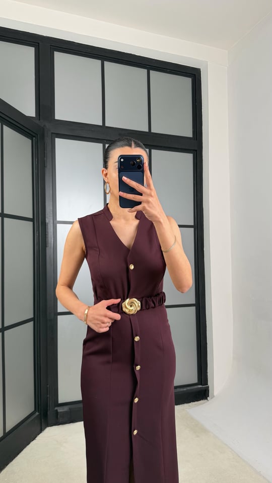 Mürdüm Kuşaklı Gold Düğme Detaylı Premium Elbise GAUS-01448