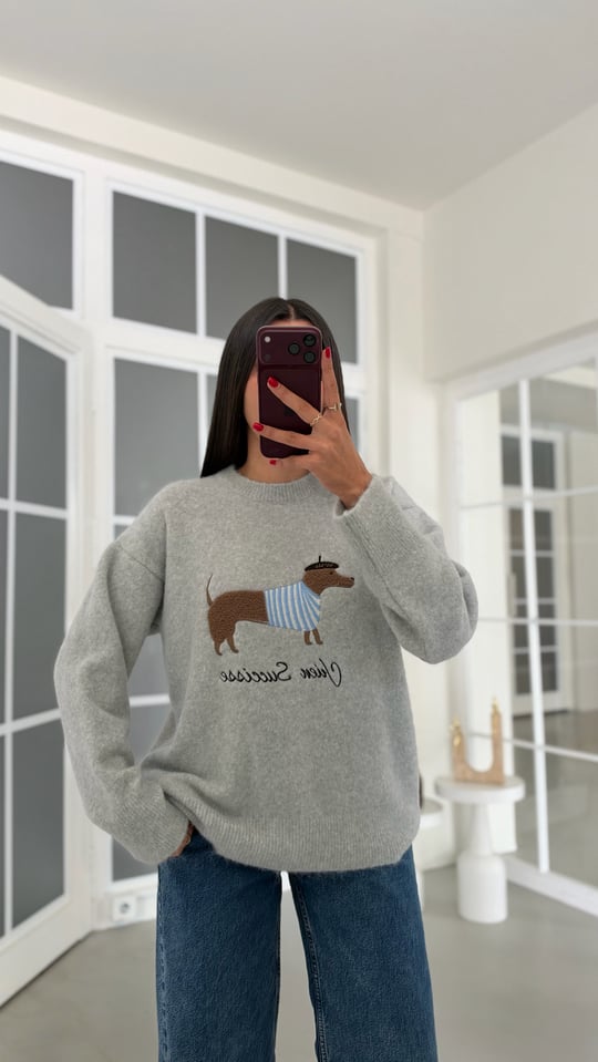 Gri Muadil Köpek Desenli Triko Kazak GAUS-02181