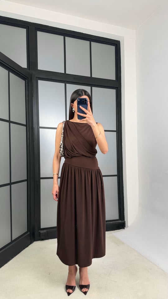 Kahve Sıfır Kol Zr Model Tasarım Elbise GAUS-01362