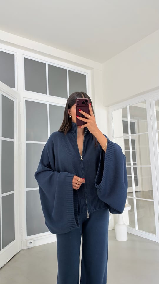 Lacivert Yarasa Kol Hırka Beli Lastikli Pantolon İkili Triko Takım GAUS-02238