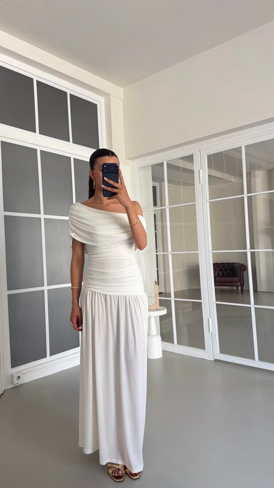 Ekru Drapeli Sandy Kumaş Elbise GAUS-01674