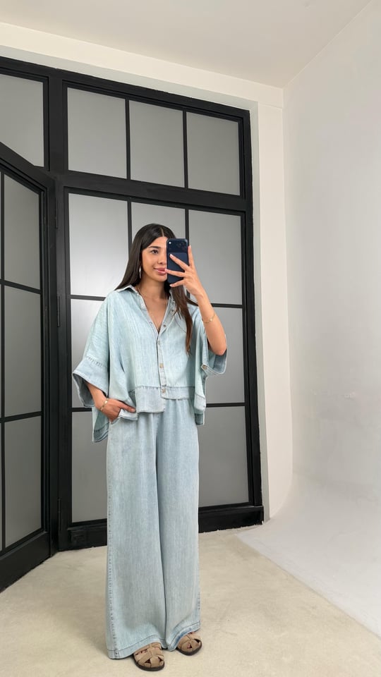 Açık Mavi Yarasa Kol Gömlek Beli Lastikli Pantolon Tencel Denim Takım GAUS-01539