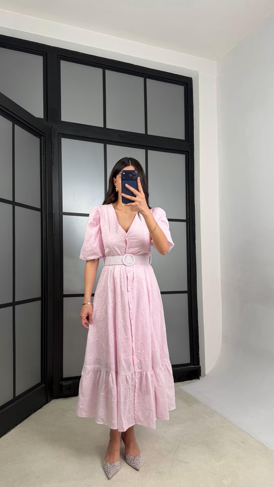 Pembe Çiçek Nakışlı Kemerli Pinterest Elbise GAUS-01342