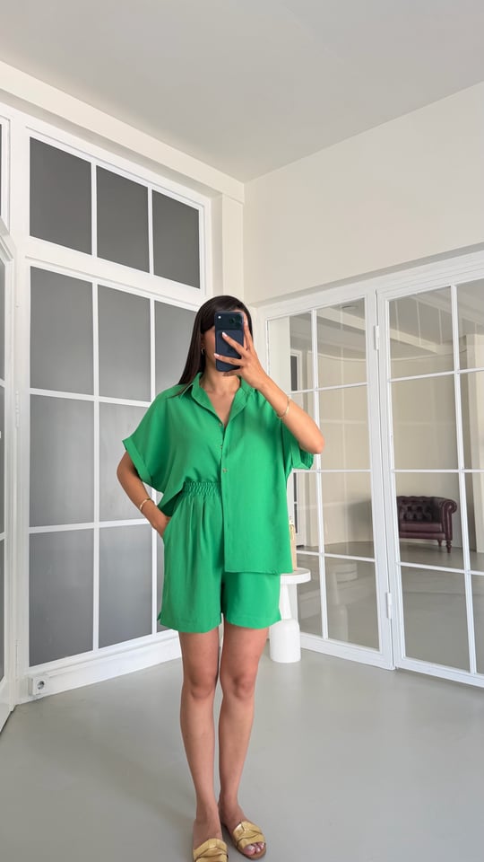 Yeşil Gömlek Beli Lastikli Şort Basic Takım GAUS-01721