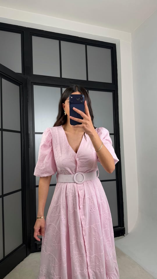 Pembe Çiçek Nakışlı Kemerli Pinterest Elbise GAUS-01342