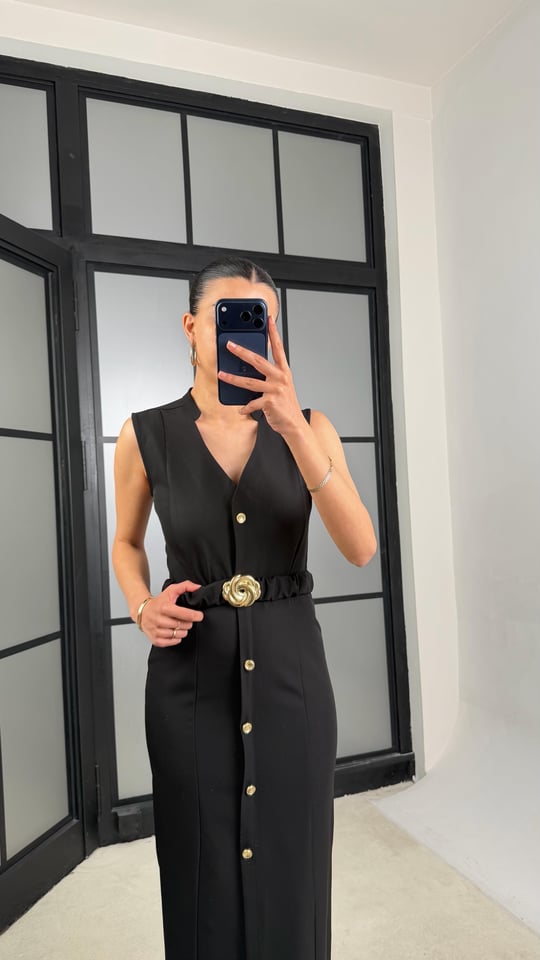 Siyah Kuşaklı Gold Düğme Detaylı Premium Elbise GAUS-01448