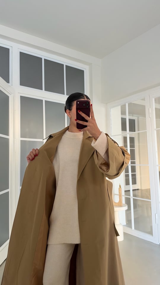Camel Yırtmaç Detaylı Astarlı Kuşaklı Premium Trençkot GAUS-02246