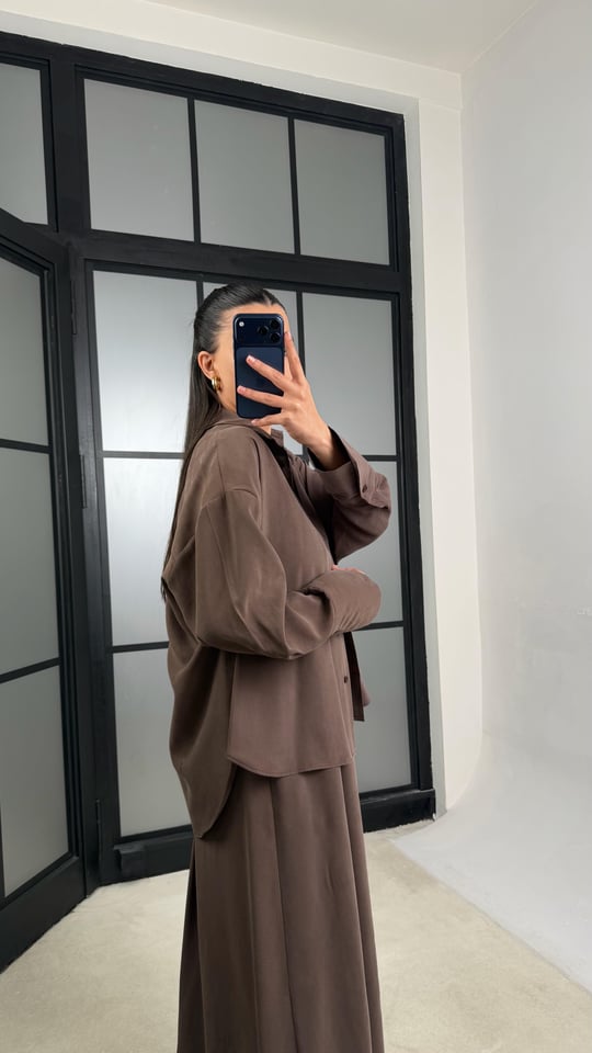 Kahve Gömlek Elbise Oversize İkili Tencel Takım GAUS-01423