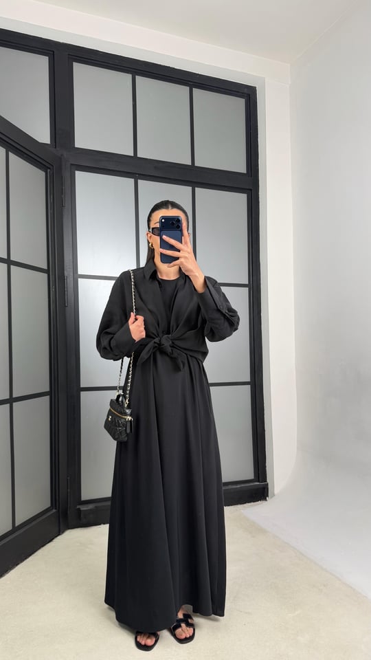 Siyah Gömlek Elbise Oversize İkili Tencel Takım GAUS-01423
