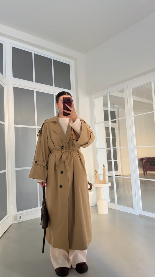 Camel Yırtmaç Detaylı Astarlı Kuşaklı Premium Trençkot GAUS-02246