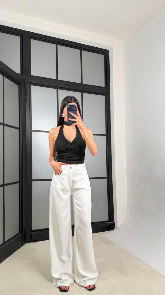 Beyaz Geniş Paça Denim Tencel Pantolon GAUS-01570