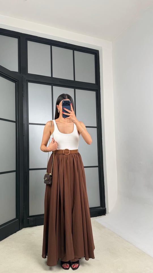 Kahve Kemerli Astarlı Etek GAUS-01549
