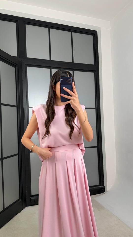 Pembe Vatkalı Bluz Cepli Etek İkili Modal Takım GAUS-01311