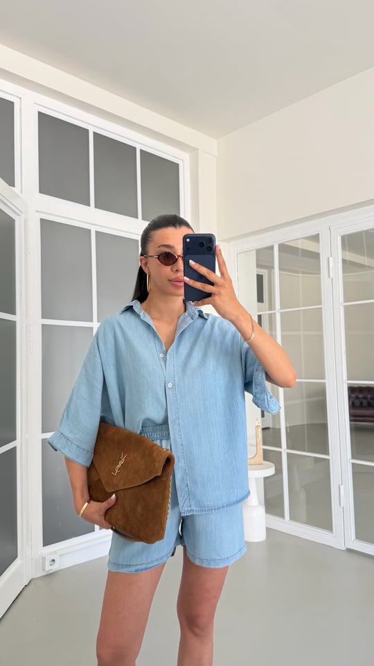 Mavi Tencel Denim Şortlu Gömlek Takım GAUS-01717