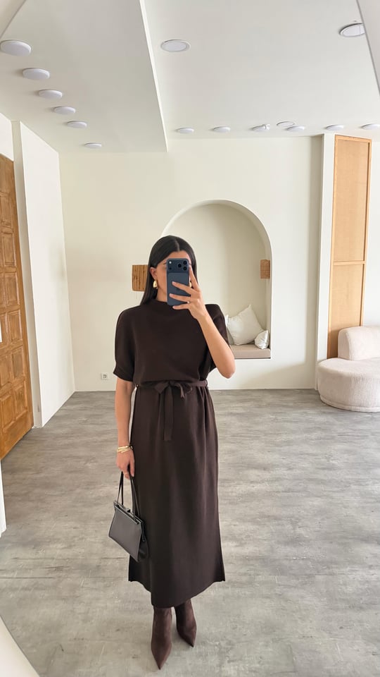 Acı Kahve Kuşaklı Triko Midi Elbise GAUS-01169
