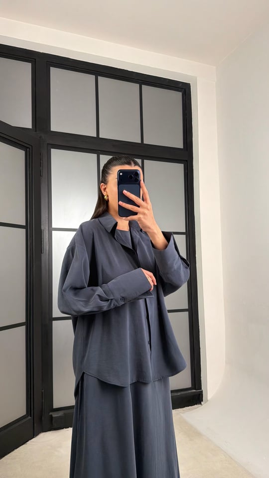 Lacivert Gömlek Elbise Oversize İkili Tencel Takım GAUS-01423