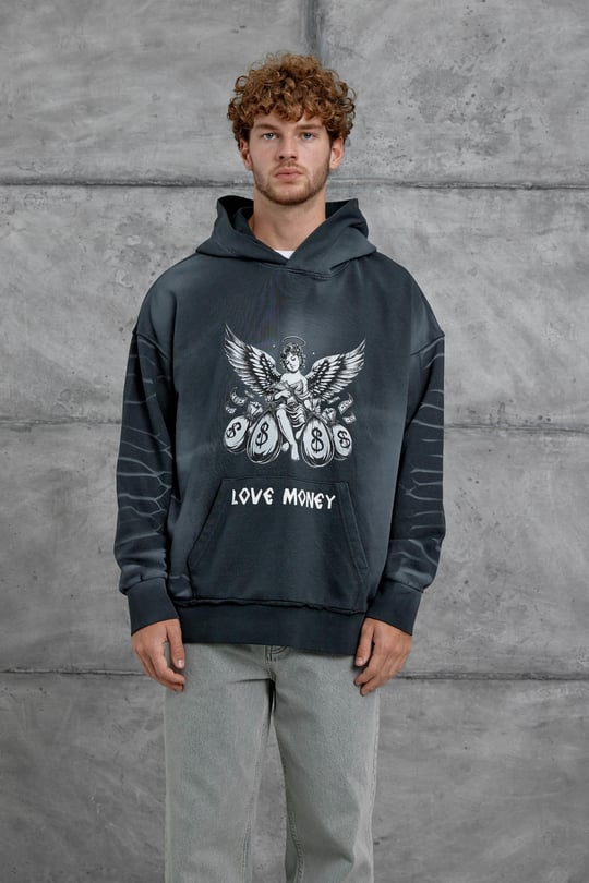 Füme Love Money Baskılı Parça Kollu Oversize Kapüşonlu Sweatshirt