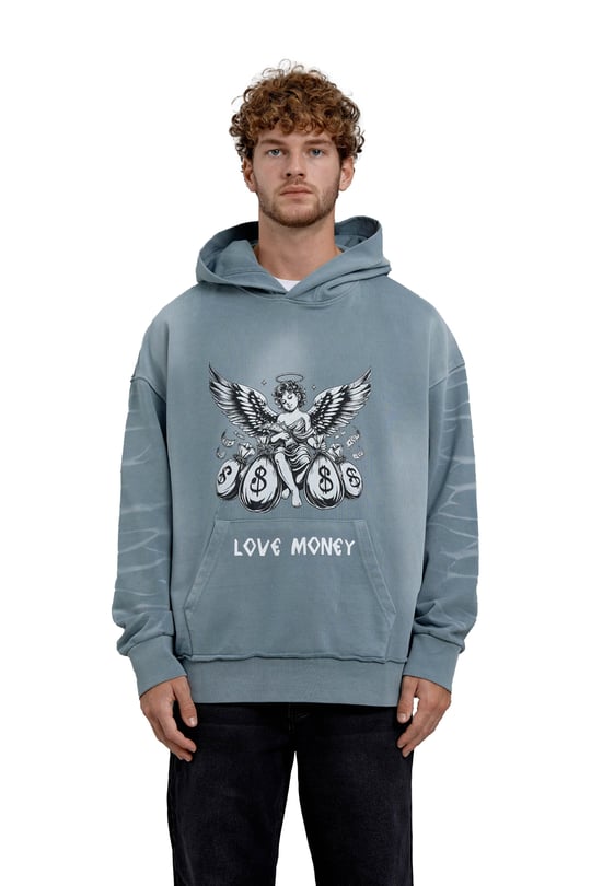 Gri Love Money Baskılı Parça Kollu Oversize Kapüşonlu Sweatshirt
