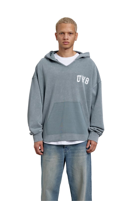 Gri Uv8 Baskılı Yıkamalı Oversize Kapüşonlu Sweatshirt