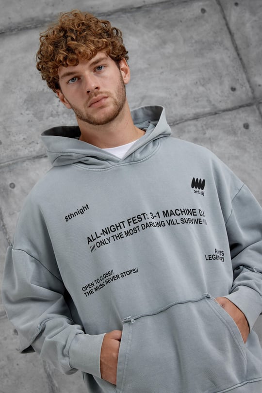 Gri Yazı Detaylı Parça Kollu Yıkamalı Oversize Kapüşonlu Sweatshirt