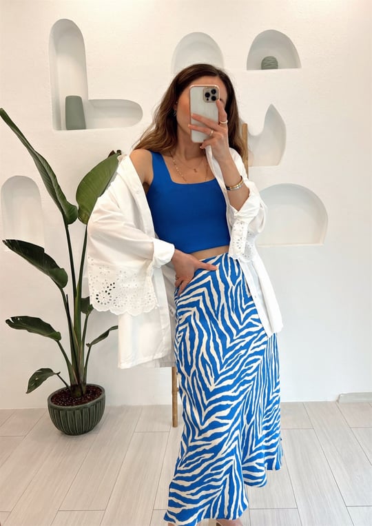  MAVİ ZEBRA DESEN SATEN ETEK 