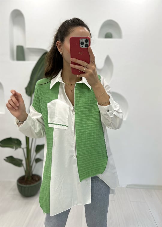  YEŞİL TERS CEP DTY ÖNÜ FERMUAR MÜSLİN TUNİK