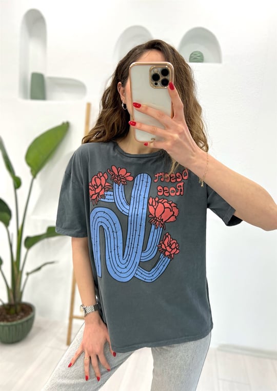 ANTRASİT KAKTÜS DESENLİ TSHIRT