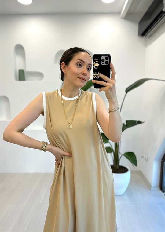 BEJ 3766 KOLSUZ BAMBU ELBİSE