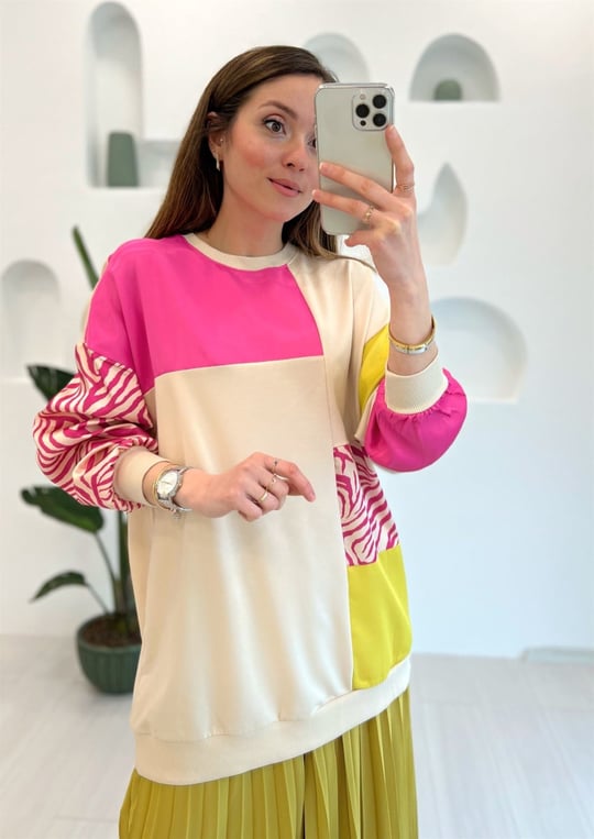 BEJ SATEN GARNİLLİ BLOK SWEAT