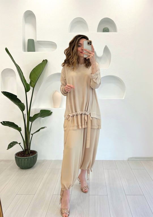 BEJ ŞİFON PANTOLON TAKIM