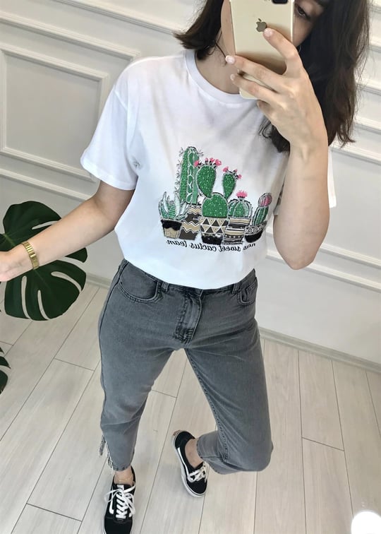 BEYAZ KAKTÜS BASKILI TSHİRT