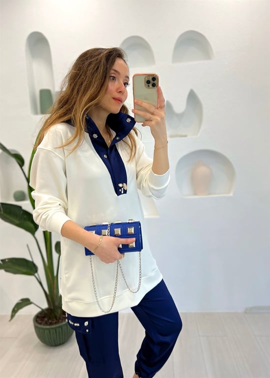BEYAZ-LACİVERT TAŞ İŞLEME SWEAT