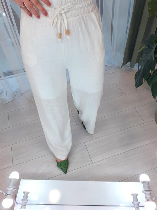 BEYAZ LASTİKLİ BORU PAÇA PANTOLON