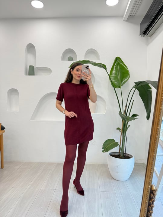 BORDO 4253 DİKİŞ DETAY TRİKO ELBİSE 