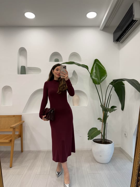 BORDO 91339 UZUN KOLLU MİDİ ELBİSE 