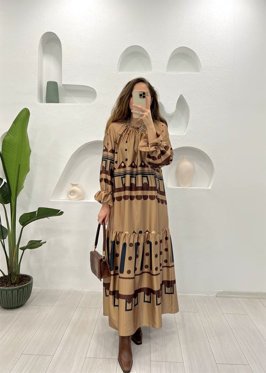 CAMEL KAT KAT GEOMETRİK ELBİSE