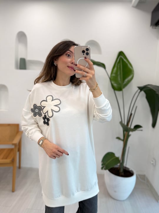 EKRU 10568 ÇİÇEK DESEN TUNİK