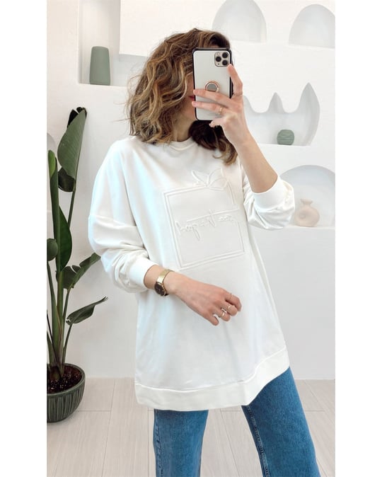 EKRU GOFRE BASKILI SWEATSHIRT