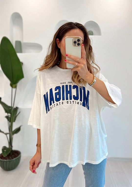 EKRU MİCHİGAN BASKILI TSHİRT