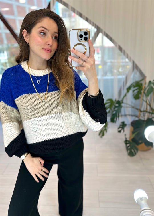 EKRU-SAKS BLOK ÇİZGİLİ KAZAK 
