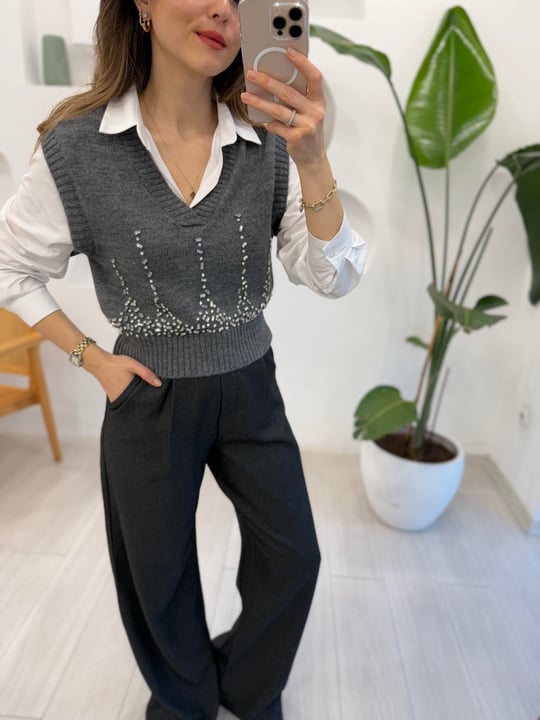 GRİ 3011 TAŞ İŞLEME TRİKO GÖMLEK