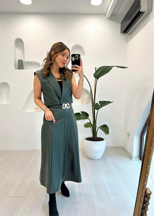 HAKİ 3141 KEMERLİ DERİ ETEK 