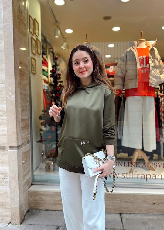 HAKİ İPEK SATEN SWAROSKİ İŞLİ SWEAT