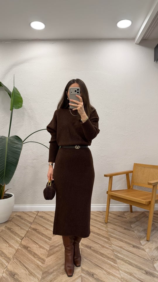 KAHVE 0260 TRİKO ELBİSE  